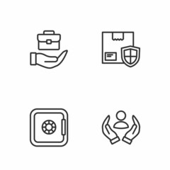 Set line Life insurance, Safe, Hand holding briefcase and Delivery security with shield icon. Vector