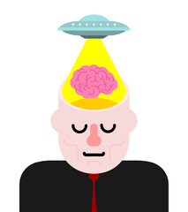 Ufo steals brain from head. Alien flying saucer and brains.