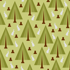 Forest and hare pattern seamless. Summer forest and rabbit background