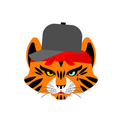 Tiger Gangsta isolated. Angry Big wild striped cat  bully member of gang of street criminals. Tattoos and weapons, gold chain and gun