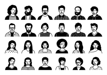 Silhouette set of persons, avatars, people heads of different ethnicity and age in flat style. Multi nationality social networks line people faces collection.
