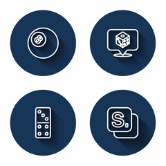 Set line Billiard pool snooker ball, Game dice, Domino and Bingo with long shadow. Blue circle button. Vector
