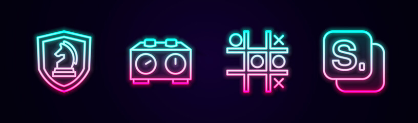 Set line Chess, Time chess clock, Tic tac toe game and Bingo. Glowing neon icon. Vector