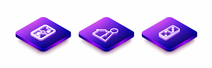 Set Isometric line Air hockey table, Chip for board game and Domino icon. Vector