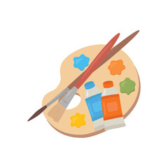 Wooden palette with paints and brushes. Vector illustration.