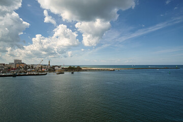 Rostock harbor exit. view over warnemünde, the beach and the lighthouse