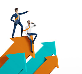Business people stands on arrows and looking with the telescope for new business opportunities. Achievement, winner, new start up and success concept 3D rendering illustration. 