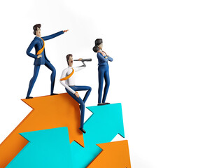 Business people stands on arrows and looking with the telescope for new business opportunities. Achievement, winner, new start up and success concept 3D rendering illustration. 