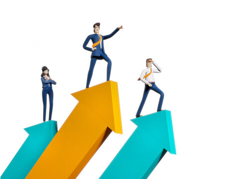 Business people stands on arrows, achievement, winner, new start up and success concept 3D rendering illustration. 