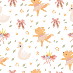 Delicate pastel pattern with ballet. Cute animals. Easy pattern for toddlers. Seamless pattern