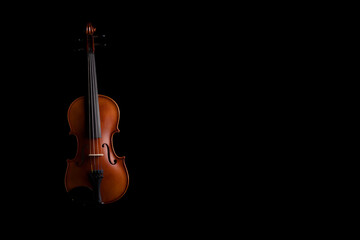 A violin or viola with four strings with a beautiful soft light hitting it on a black background....