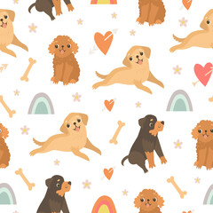 Seamless pattern with dogs. Cheerful dogs. Dog breeds. Cute animals