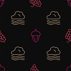 Set line Grape fruit, Windy weather and Acorn on seamless pattern. Vector