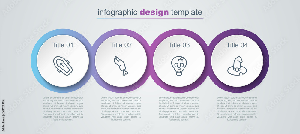 Poster set line coffin with cross, zombie finger, skull and witch hat. business infographic template. vecto