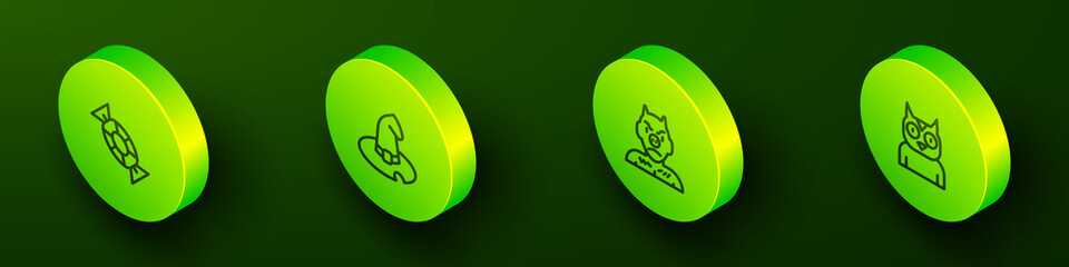 Set Isometric line Candy, Witch hat, Krampus, heck and Owl bird icon. Vector