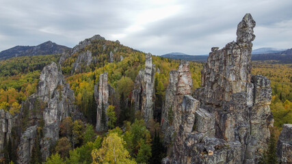 Fototapeta na wymiar Mountain landscape in autumn. Mountain view and autumn yellow forest
