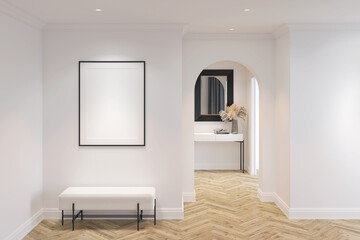 White hall in modern classic style with blank vertical poster illuminated by spotlight over a bench, parquet floor, ceiling with recessed lights, arch, mirror over console in the background. 3d render