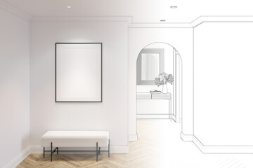 A sketch becomes a real white hall in modern classic style with a blank vertical poster over a bench, parquet floor, ceiling with recessed lights, arch, mirror over console in the background.3d render