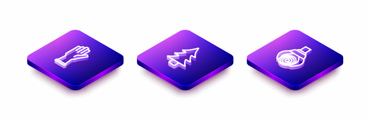Set Isometric line Protective gloves, Tree and Grapple crane grabbed a log icon. Vector