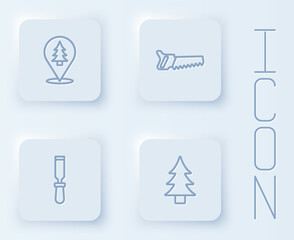Set line Location of the forest, Hand saw, Chisel tool and Tree. White square button. Vector