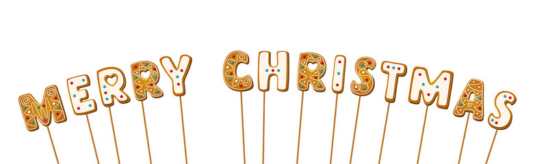 Gingerbread cookie letters on sticks with phrase merry christmas in cartoon style. Sweet biscuit in holiday message isolated on white background. Vector illustration 