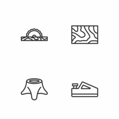 Set line Wood plane tool, Tree stump, Electric circular saw and Wooden beam icon. Vector