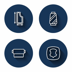 Set line Sewing pattern, thread on spool, Textile fabric roll and Leather with long shadow. Blue circle button. Vector