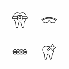 Set line Tooth whitening, Teeth with braces, and Safety goggle glasses icon. Vector