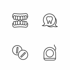 Set line Dental floss, Toothache painkiller tablet, Dentures model and icon. Vector