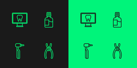 Set line Dental pliers, Tooth drill, Online dental care and Mouthwash icon. Vector