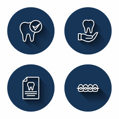 Set line Tooth, Clipboard with dental card and Teeth braces with long shadow. Blue circle button. Vector