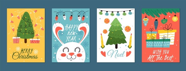 Fototapeta na wymiar Christmas greeting cards. Holiday new year posters, cartoon xmas elements, congrats postcards, decorated fir-trees, gifts and garland, white rabbit and snow, xmas posters vector set