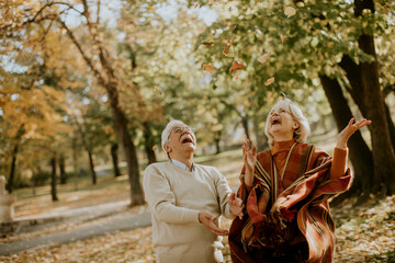 Senior couple having fun in autumn park