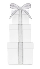 Stacked white gift boxes wrapped with shiny silver ribbon and bow isolated on a white background