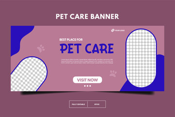 modern pet shop horizontal lbanner, Pet care social media post Template or web banner template with space for a photo. Pet care service promotional banner ads design