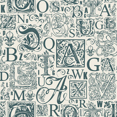 Vector seamless pattern with hand-drawn initial and capital letters on an old paper backdrop. Monochrome repeating background in retro style. Suitable for wallpaper, wrapping paper or fabric design - obrazy, fototapety, plakaty