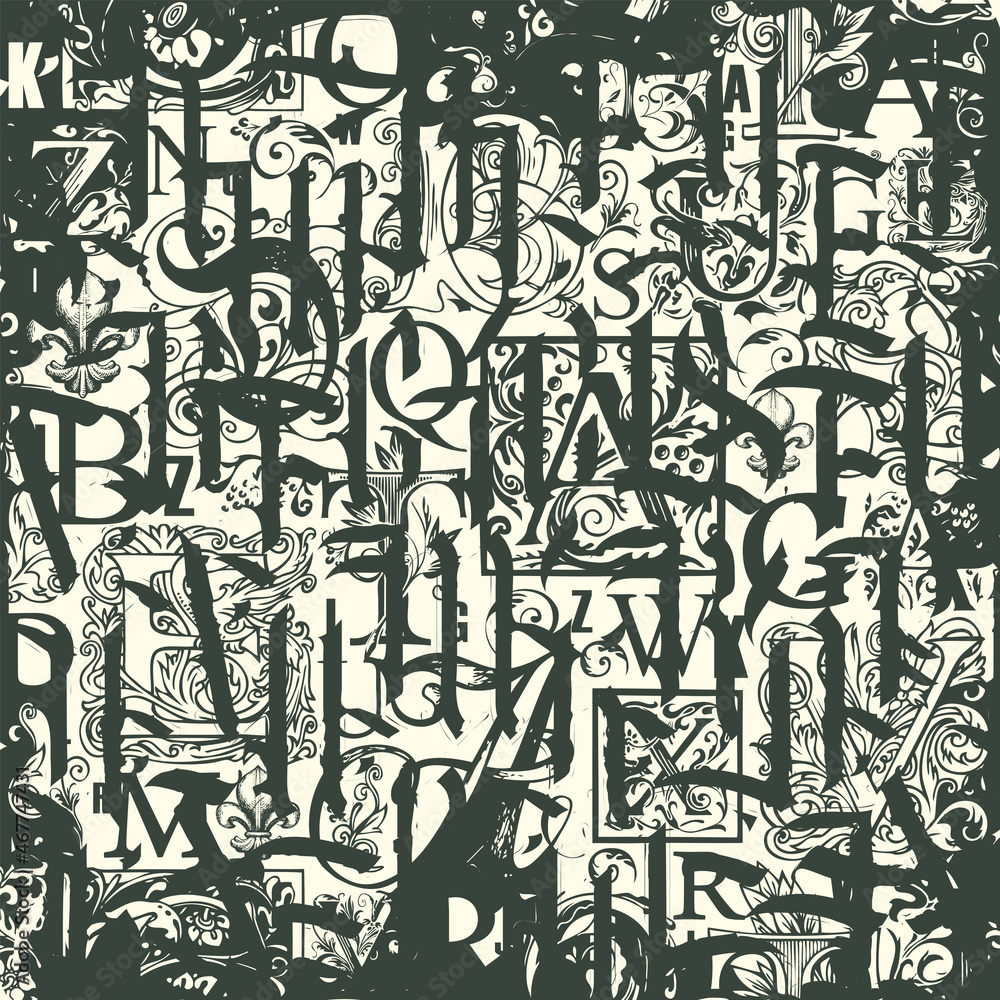 Poster abstract seamless pattern with black gothic letters and hand-drawn initial letters on an old paper. 