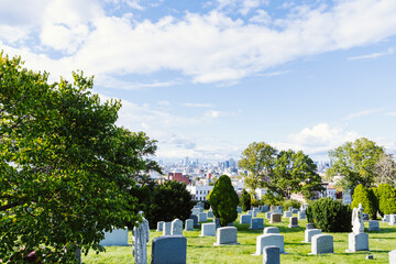 View of Manhattan skyline seen from Greenwood Cemetery in Brooklyn. Vintage style