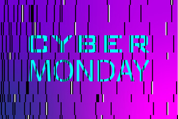 Cyber ​​Monday turquoise lettering isolated on purple background. Banner with black pixels.