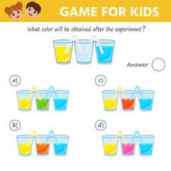 A game for the development of logical thinking in children. what color will turn out in the glass after the experiment. Vector illustration
