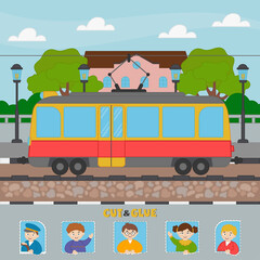 A game for children. The tram rides along the city street - application. Cut and paste the tram's passengers. Kids vector riddle. Children funny riddle entertainment