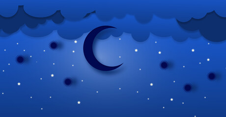 Night city dark moon with stars on a cloudy night sky.