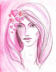Drawing of a girl in pink tones with hearts. The girl is love.