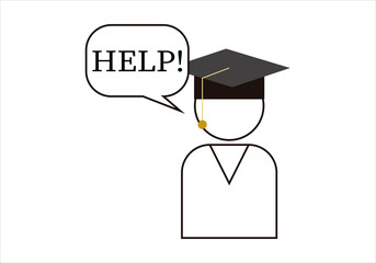 Icono de estudiante graduado pidiendo ayuda en fondo blanco.