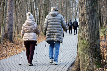 Nordic walking, elderly couple walk with canes in autumn park. Sports exercises for healthy spine...