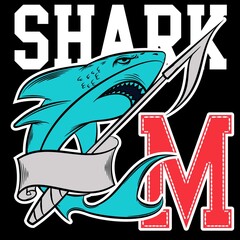 college-style print illustration shark with pennant, text and black background