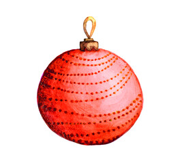 Vector illustration. Red Christmas ball. Glass Christmas toy. Watercolor and paper texture.	A ball decorated with beads.
