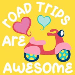 Fototapeta premium cute pink motorcycle with hearts and text on yellow background