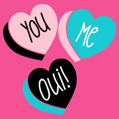 Illustration colorful hearts and text on them, pink background