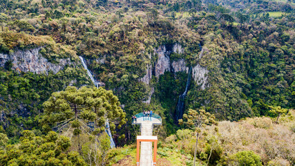 Papuã Waterfall, Urubici, Santa Catarina. Aerial view of the waterfall and the viewpoint with a...